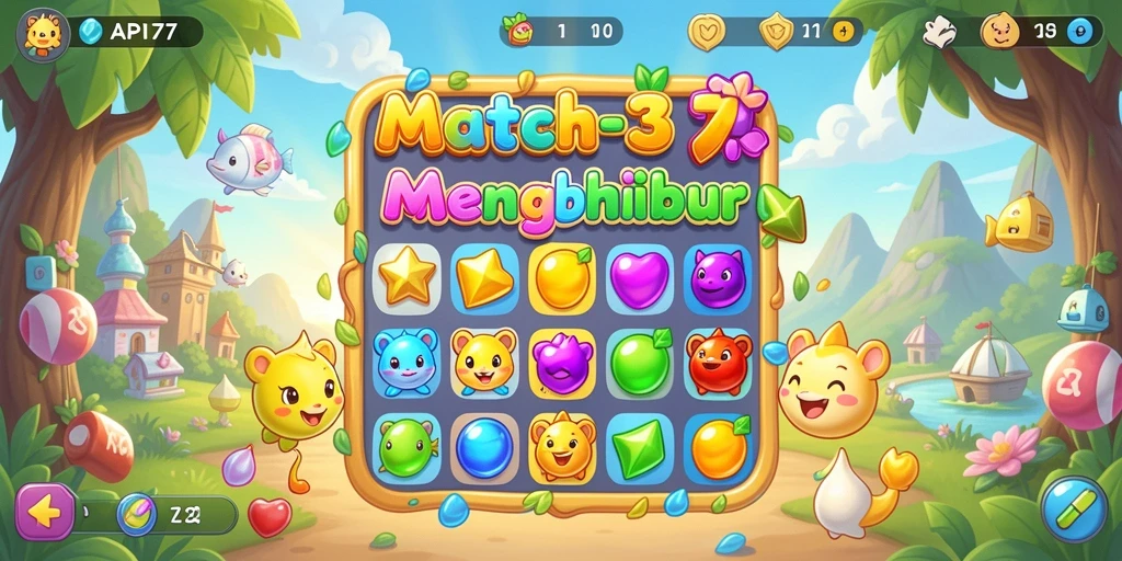 Screenshot menampilkan gameplay seru dalam API77, permainan Match-3 yang menantang.