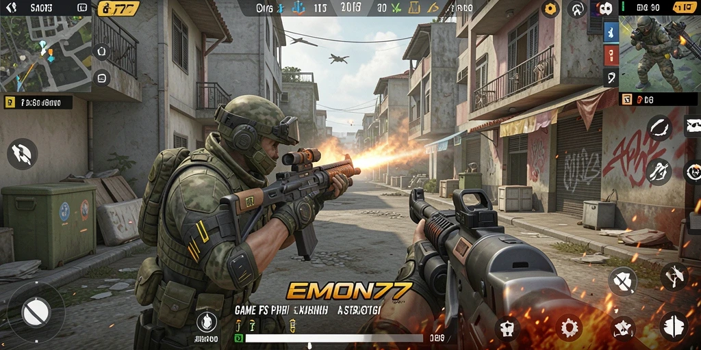 Tampilan seru dari gameplay EMON77 yang penuh aksi FPS.