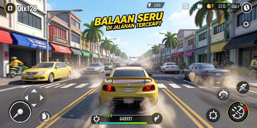 Gameplay OLX128 menampilkan balapan seru dengan grafis menawan dan kendaraan cepat.