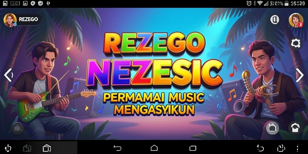 Tampilan gameplay REZEGO dengan alat musik yang beragam.