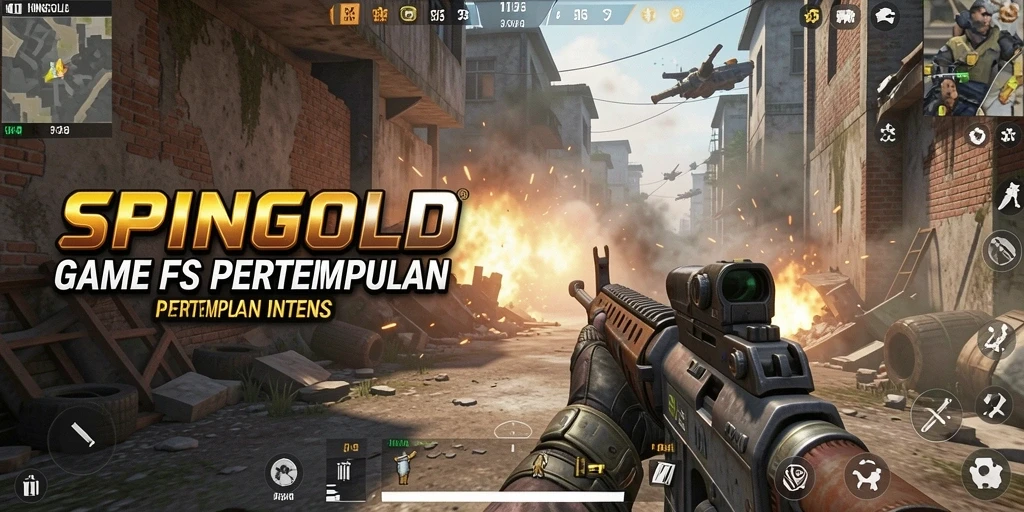 Tampilan gameplay SPINGOLD yang intens dalam pertempuran FPS.