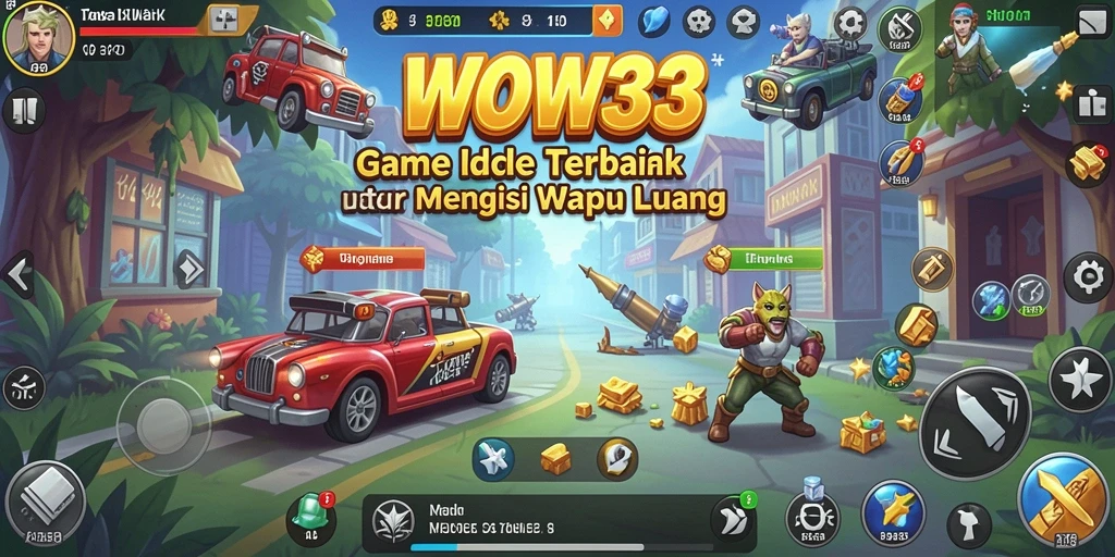 Screenshot gameplay WOW33 menampilkan karakter mengumpulkan sumber daya secara otomatis.